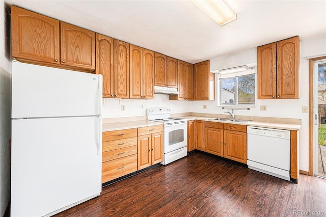 726 Mobile St, Aurora, CO 80011 - kitchen with white appliances, under cabinet range hood, a sink, dark wood-style flooring, and light countertops