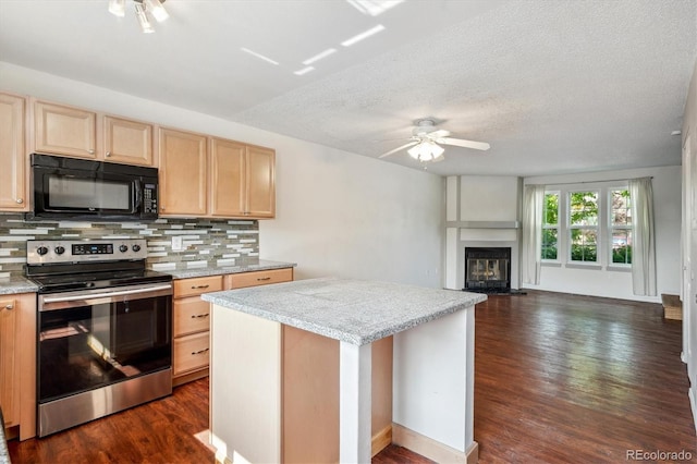 9679 W Chatfield Ave Unit C, Littleton, CO 80128 - kitchen featuring black microwave, stainless steel range with electric cooktop, light brown cabinetry, dark wood-style floors, and ceiling fan