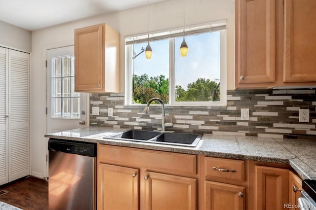 9679 W Chatfield Ave Unit C, Littleton, CO 80128 - kitchen featuring stainless steel dishwasher, a sink, decorative backsplash, dark wood-style flooring, and pendant lighting