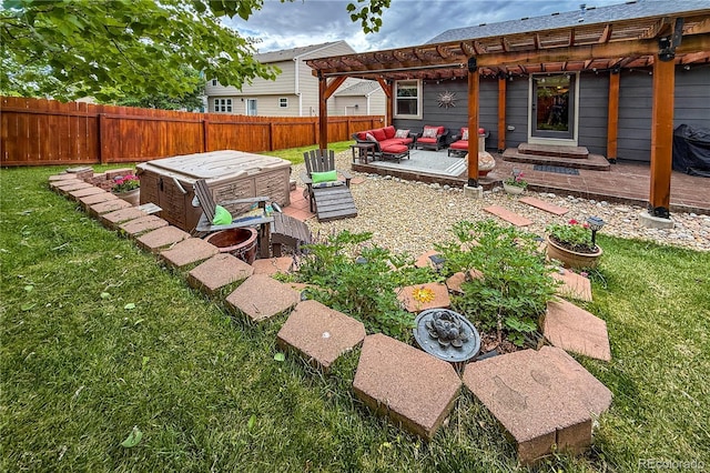 13642 Wrangler Way, Mead, CO 80542 - fenced backyard featuring an outdoor hangout area, a pergola, a jacuzzi, and a patio