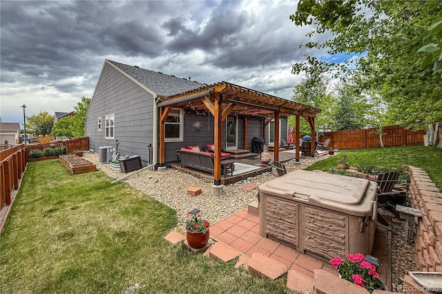 13642 Wrangler Way, Mead, CO 80542 - rear view of house with a pergola, a patio area, a fenced backyard, and a garden