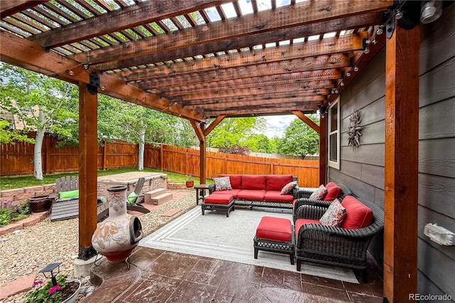 13642 Wrangler Way, Mead, CO 80542 - fenced backyard featuring an outdoor living space, a patio area, and a pergola