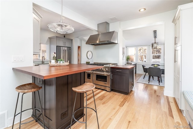 kitchen featuring butcher block counters, wall chimney range hood, high quality appliances, and a kitchen breakfast bar