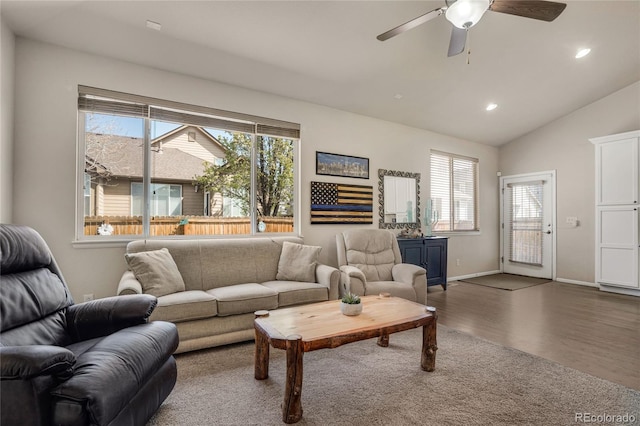 7823 E 130th Pl, Thornton, CO 80602 - living room with a ceiling fan, lofted ceiling, wood finished floors, recessed lighting, and baseboards
