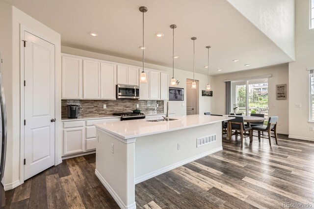 3162 Grizzly Peak Dr, Broomfield, CO 80023 - kitchen featuring stainless steel microwave, a sink, dark wood-type flooring, white cabinets, and backsplash