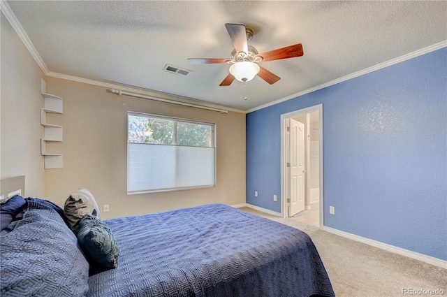 bedroom featuring carpet floors, a textured ceiling, crown molding, a ceiling fan, and baseboards