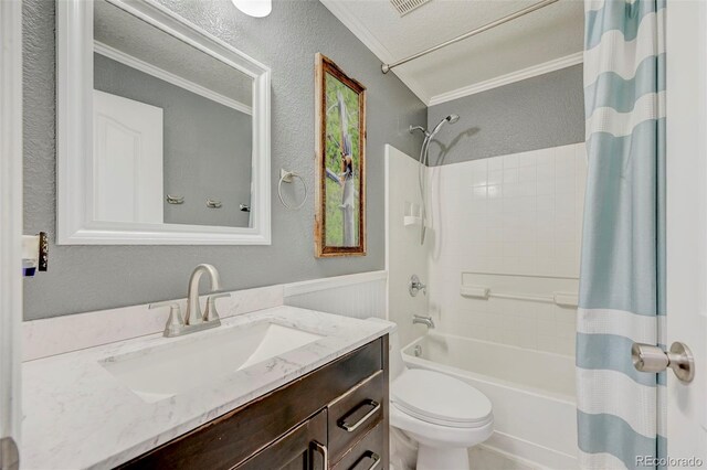 full bathroom featuring ornamental molding, toilet, vanity, shower / bathtub combination with curtain, and a wainscoted wall