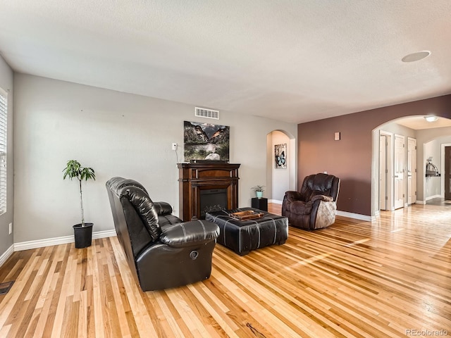 living room with light wood-type flooring and a textured ceiling