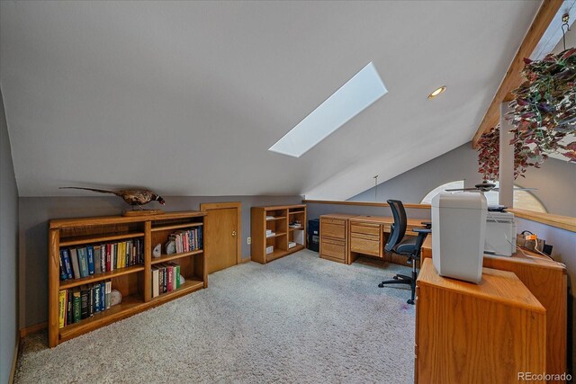 11222 Conifer Mountain Rd, Conifer, CO 80433 - office area with a skylight, lofted ceiling, and light colored carpet