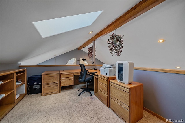 11222 Conifer Mountain Rd, Conifer, CO 80433 - home office with a skylight, light colored carpet, and recessed lighting