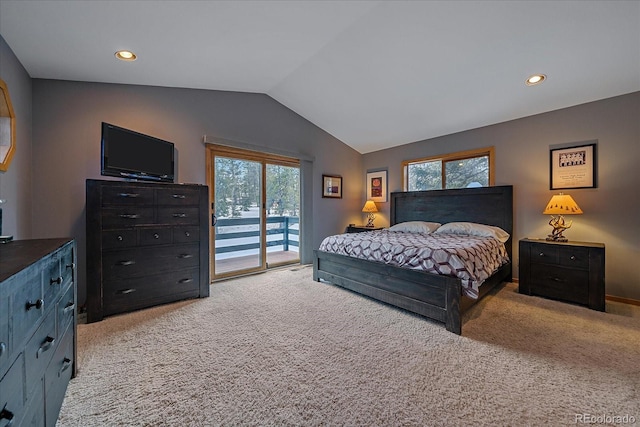 11222 Conifer Mountain Rd, Conifer, CO 80433 - bedroom with access to outside, carpet floors, lofted ceiling, and recessed lighting