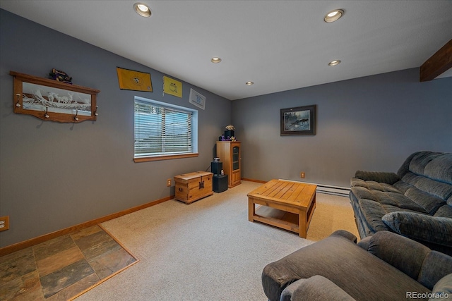 11222 Conifer Mountain Rd, Conifer, CO 80433 - living area featuring recessed lighting, stone finish floors, baseboard heating, and carpet floors