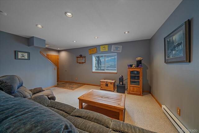 11222 Conifer Mountain Rd, Conifer, CO 80433 - living room featuring baseboard heating, carpet flooring, and recessed lighting