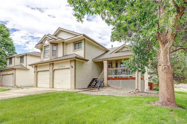 5185 E Weaver Dr, Centennial, CO 80121 - view of front of property with a front lawn, covered porch, concrete driveway, brick siding, and an attached garage