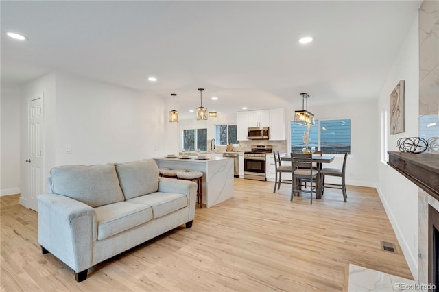 living room featuring light hardwood / wood-style flooring and sink