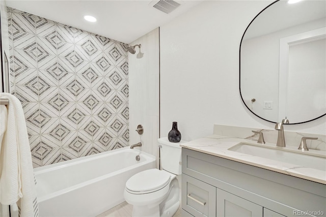 full bathroom featuring vanity, toilet, and shower / washtub combination