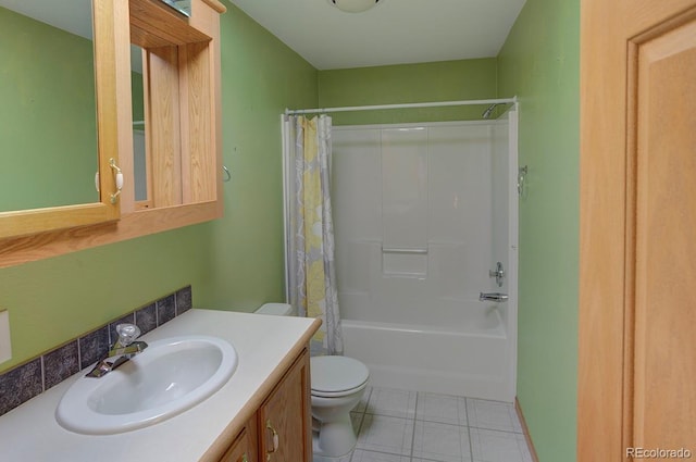 full bath with toilet, vanity, shower / bath combo, and tile patterned flooring