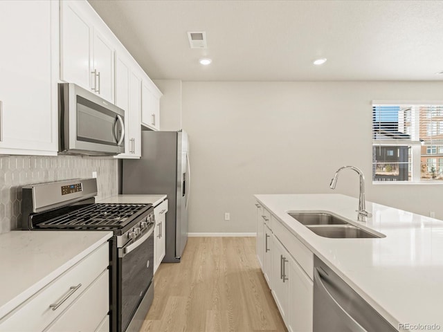 kitchen with sink, stainless steel appliances, backsplash, light hardwood / wood-style floors, and white cabinets