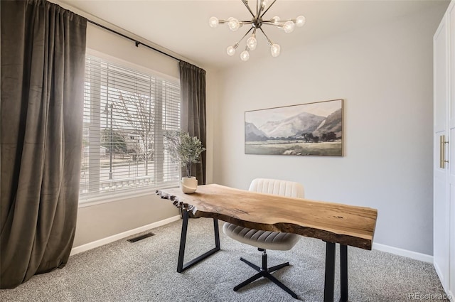 office with visible vents, carpet, baseboards, and a notable chandelier