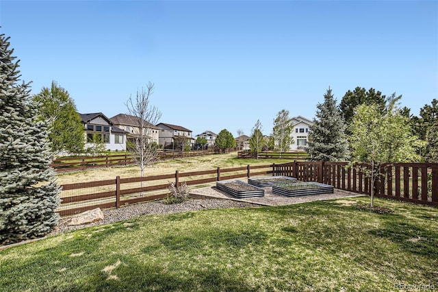 view of yard featuring a fenced backyard, a garden, and a residential view