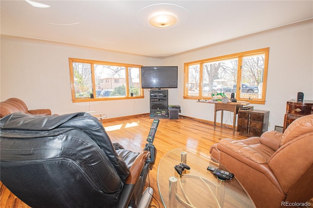 living area featuring baseboards and wood finished floors