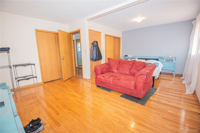 bedroom featuring two closets and wood finished floors