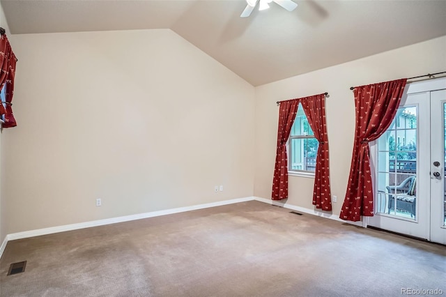 10193 E 29th Ave, Denver, CO 80238 - spare room with carpet flooring, ceiling fan, vaulted ceiling, and french doors
