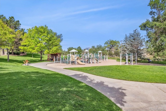 view of play area featuring a lawn