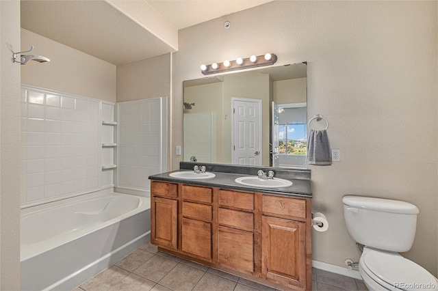 full bathroom with tile patterned floors, vanity, toilet, and bathing tub / shower combination