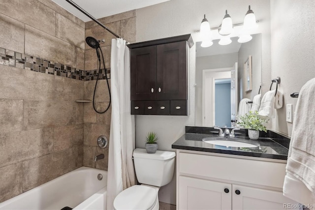 full bath featuring toilet, shower / bath combo, and vanity