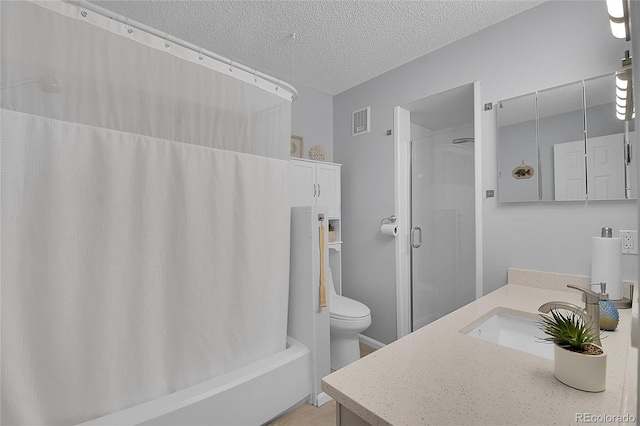 full bathroom with vanity, a textured ceiling, toilet, and shower / bath combination with curtain