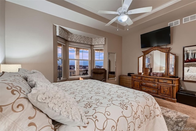 7851 E 148th Dr, Thornton, CO 80602 - carpeted bedroom featuring ornamental molding, a ceiling fan, and visible vents