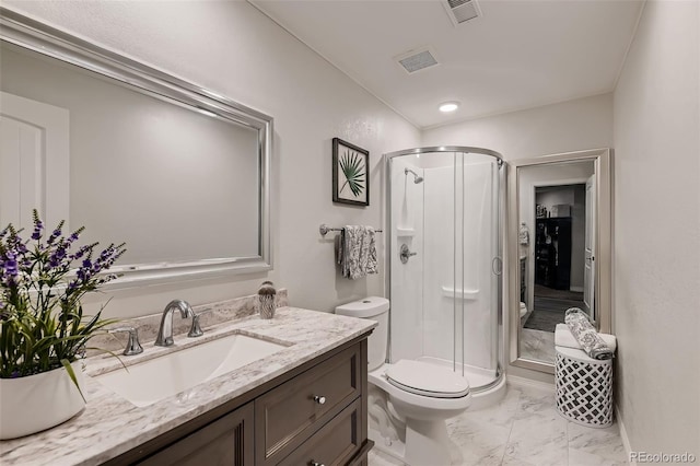 7851 E 148th Dr, Thornton, CO 80602 - bathroom featuring toilet, visible vents, marble finish floor, and vanity