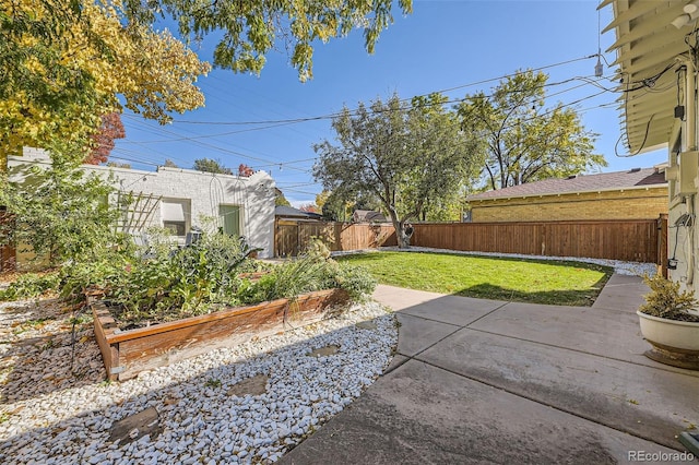 view of yard featuring a fenced backyard, a patio area, and a vegetable garden