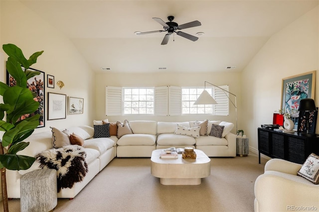 5700 S Steele St, Greenwood Village, CO 80121 - living area featuring lofted ceiling, carpet flooring, and ceiling fan
