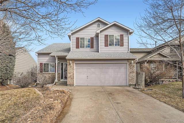 view of front of home with driveway, brick siding, roof with shingles, and an attached garage