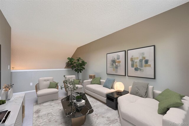 5130 S Wenatchee St, Aurora, CO 80015 - living room featuring carpet flooring, vaulted ceiling, baseboards, and a textured ceiling