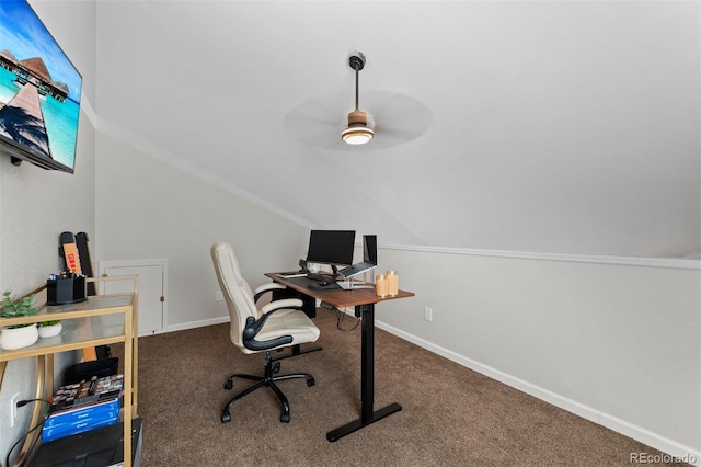 3600 S Pierce St Unit 7-208, Denver, CO 80235 - office area with lofted ceiling, carpet floors, and a ceiling fan
