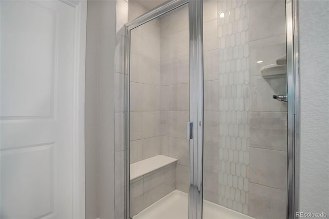 bathroom featuring a shower with shower door