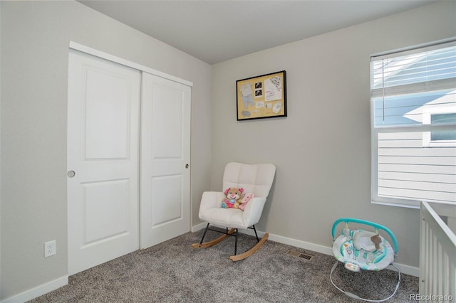 sitting room with carpet flooring