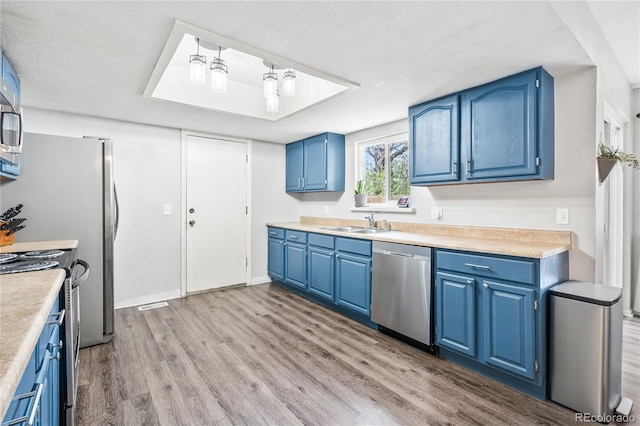 1080 S Yampa St, Aurora, CO 80017 - kitchen with appliances with stainless steel finishes, blue cabinets, wood finished floors, and a sink
