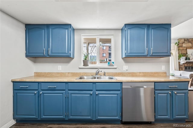 1080 S Yampa St, Aurora, CO 80017 - kitchen with dishwasher, a sink, blue cabinetry, and light countertops