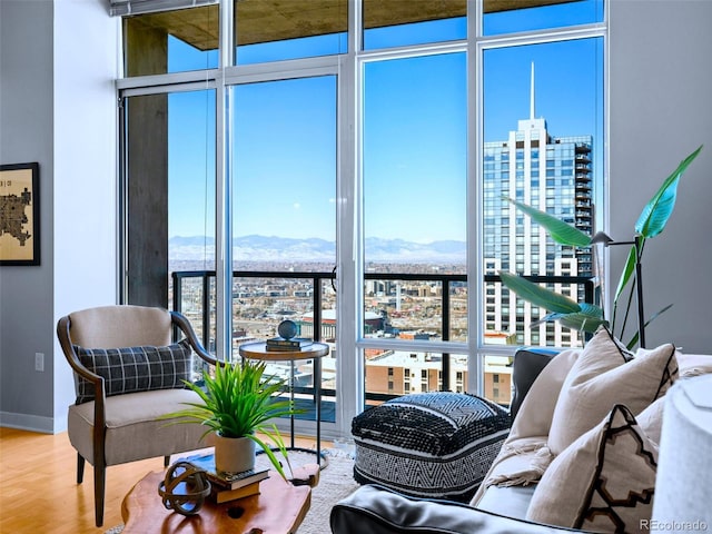 interior space featuring wood-type flooring, a mountain view, and a wall of windows