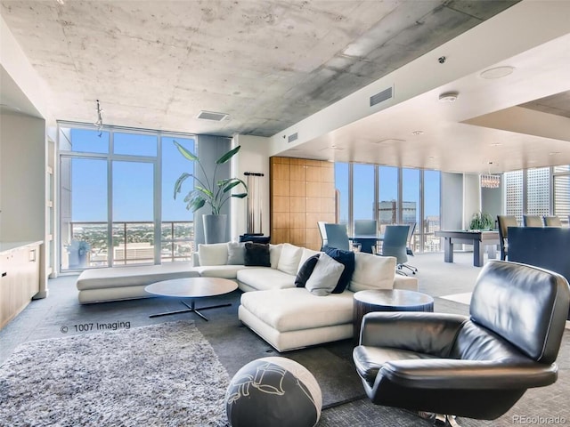 living room featuring floor to ceiling windows and a healthy amount of sunlight