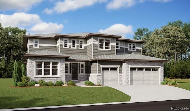 prairie-style home featuring a front lawn, an attached garage, stone siding, and driveway