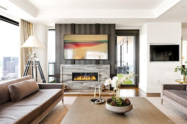 1133 14th St Unit 4150, Denver, CO 80202 - living room with wood finished floors, healthy amount of natural light, a fireplace, ornamental molding, and a tray ceiling