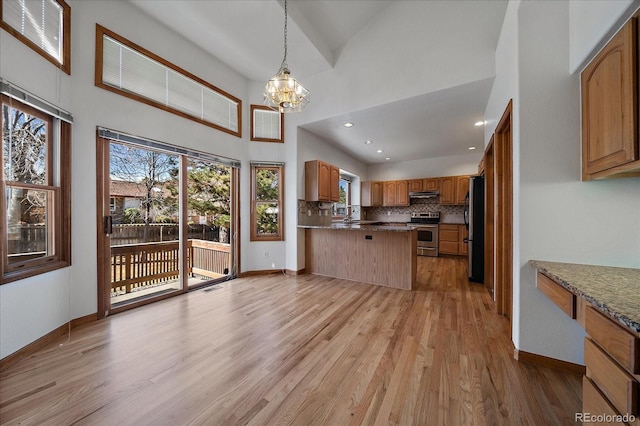 kitchen with light wood finished floors, a peninsula, stainless steel appliances, under cabinet range hood, and backsplash