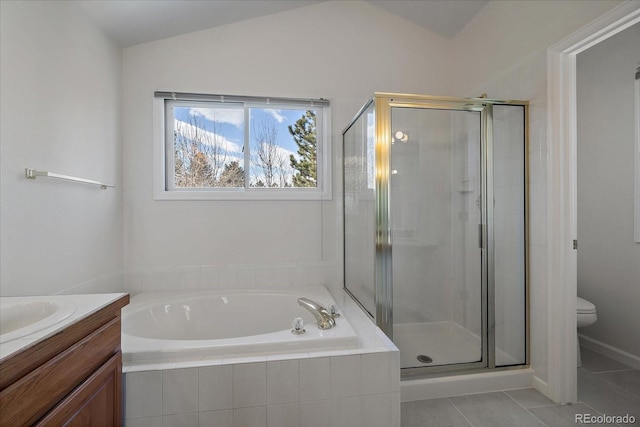 full bath featuring lofted ceiling, a stall shower, vanity, tile patterned flooring, and a bath