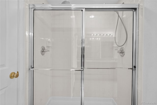 bathroom with a shower with shower door