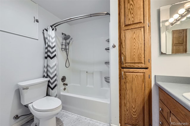 bathroom featuring toilet, vanity, and shower / bathtub combination with curtain